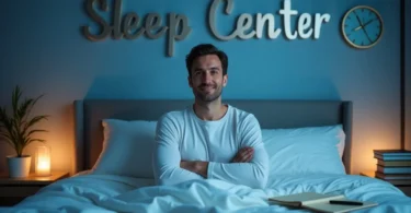 A modern sleep center with a comfortable bed, medical monitoring equipment, and a relaxing atmosphere, designed to diagnose and improve sleep quality.