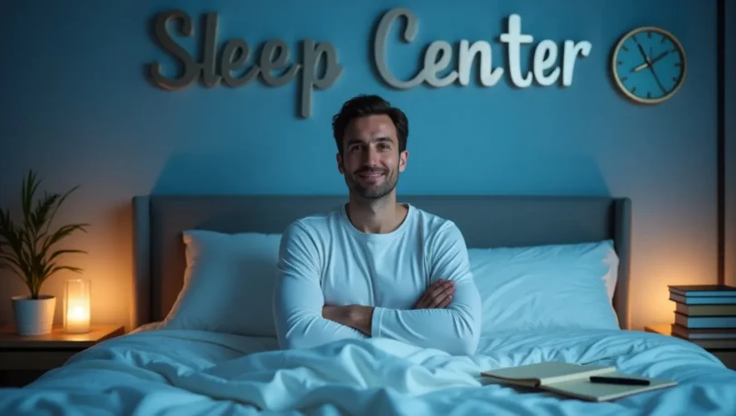 A modern sleep center with a comfortable bed, medical monitoring equipment, and a relaxing atmosphere, designed to diagnose and improve sleep quality.