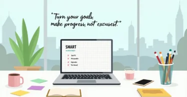 A visually organized SMART Goals Worksheet with sections for defining specific, measurable, achievable, relevant, and time-bound objectives.