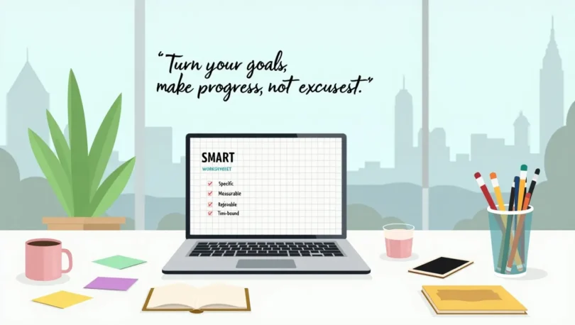 A visually organized SMART Goals Worksheet with sections for defining specific, measurable, achievable, relevant, and time-bound objectives.