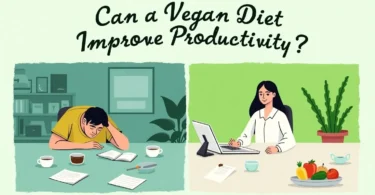 A person working at a desk with healthy vegan foods like fruits, nuts, and vegetables in the background, symbolizing the connection between a vegan diet and productivity