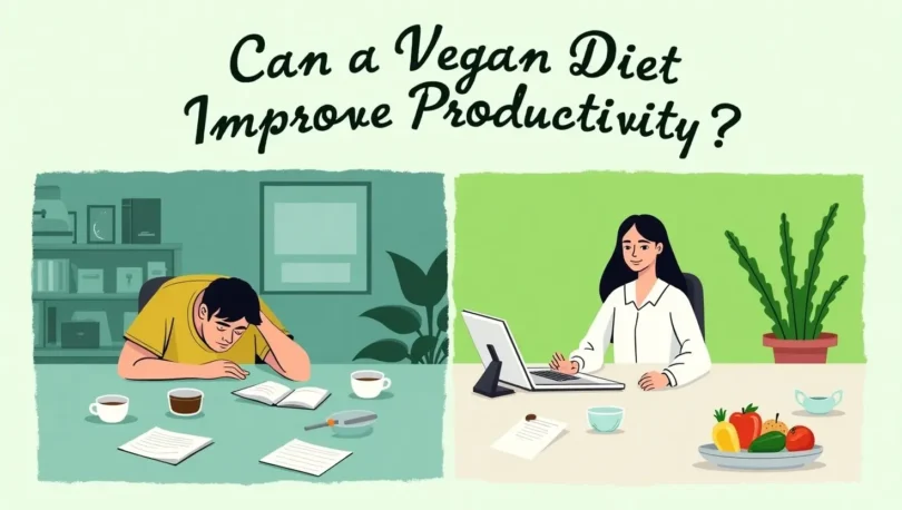 A person working at a desk with healthy vegan foods like fruits, nuts, and vegetables in the background, symbolizing the connection between a vegan diet and productivity