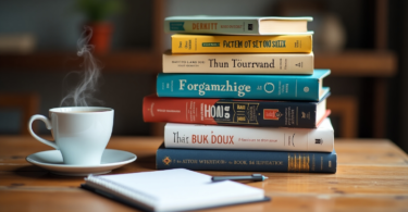 A stack of five self-discipline books on a wooden table with a notebook and coffee, symbolizing personal growth and productivity.