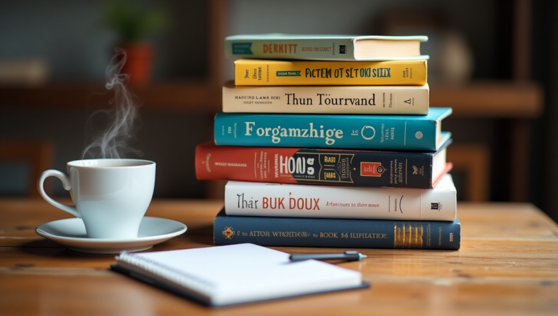 A stack of five self-discipline books on a wooden table with a notebook and coffee, symbolizing personal growth and productivity.