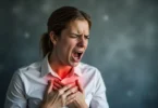 A distressed person holding their chest, breathing deeply to calm a panic attack, with a blurred background symbolizing anxiety and overwhelming emotions.