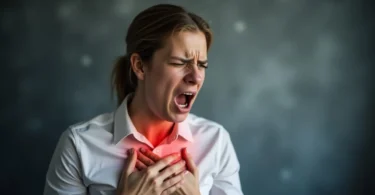 A distressed person holding their chest, breathing deeply to calm a panic attack, with a blurred background symbolizing anxiety and overwhelming emotions.