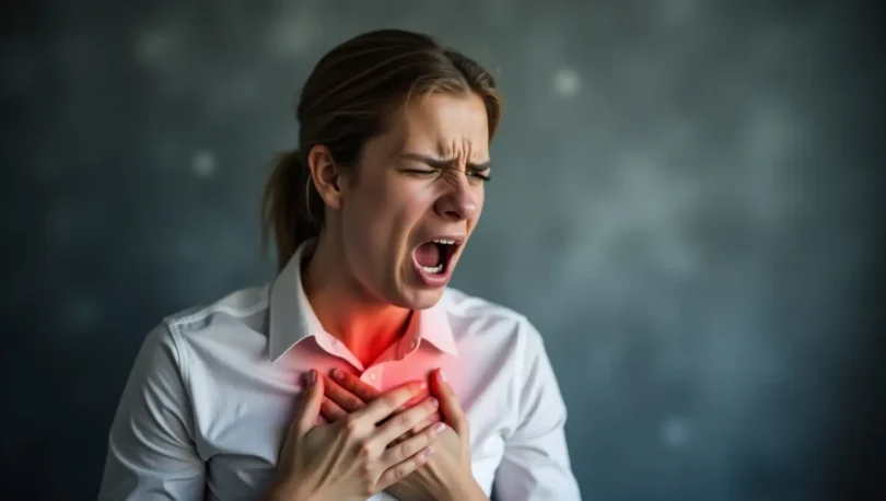 A distressed person holding their chest, breathing deeply to calm a panic attack, with a blurred background symbolizing anxiety and overwhelming emotions.