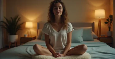 A serene image of a person practicing meditation in a peaceful, dimly lit room, promoting relaxation and sleep.
