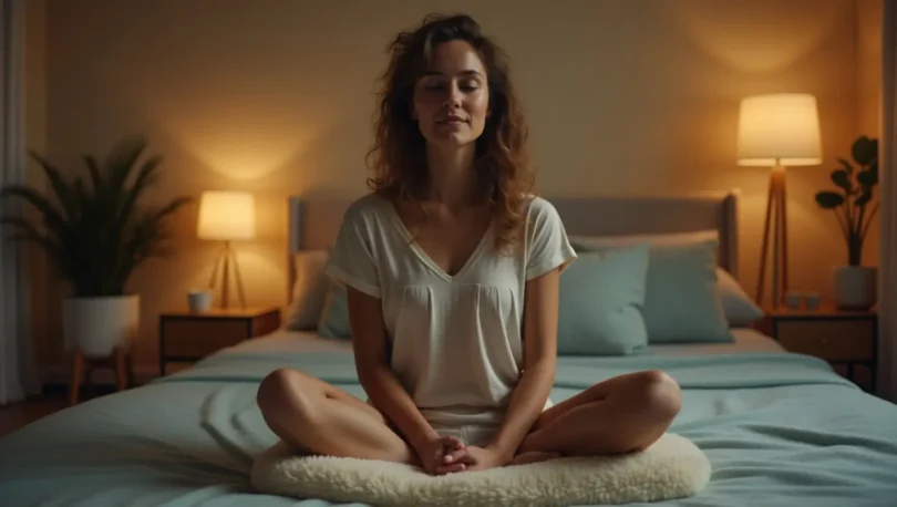A serene image of a person practicing meditation in a peaceful, dimly lit room, promoting relaxation and sleep.