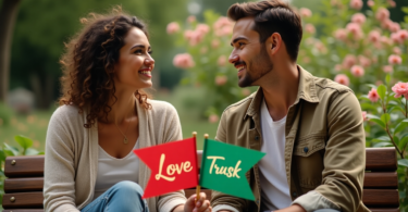 A couple sitting together, thoughtfully discussing their relationship, with red and green flags symbolizing different relationship traits.