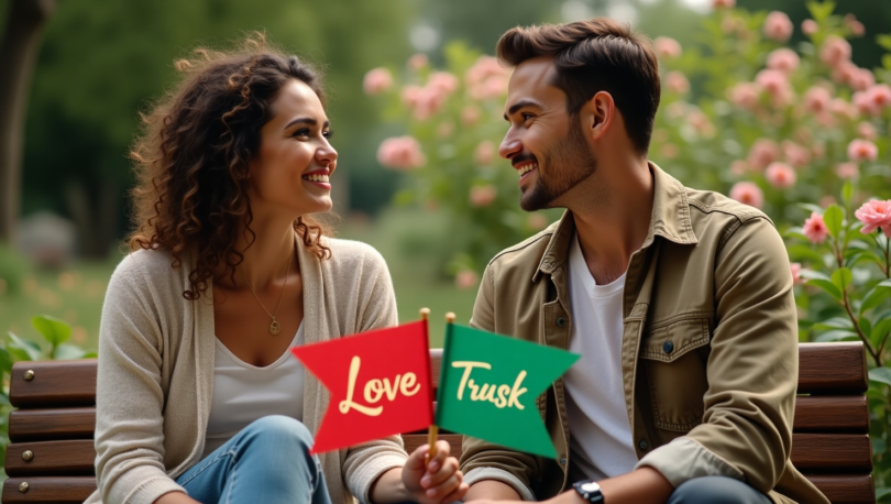 A couple sitting together, thoughtfully discussing their relationship, with red and green flags symbolizing different relationship traits.