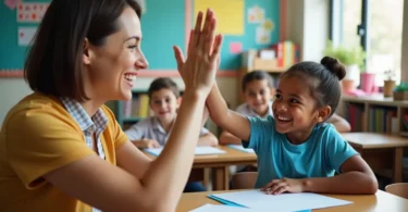 A teacher giving a student a high-five as positive reinforcement for completing a task.