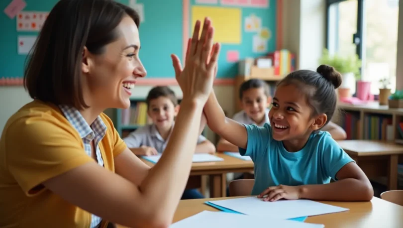 A teacher giving a student a high-five as positive reinforcement for completing a task.