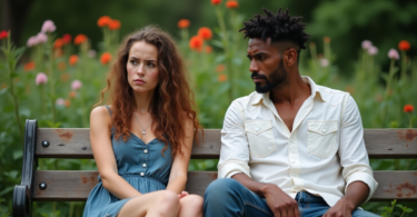 A couple sitting apart on a park bench, looking unhappy, symbolizing relationship red flags that can lead to heartbreak.