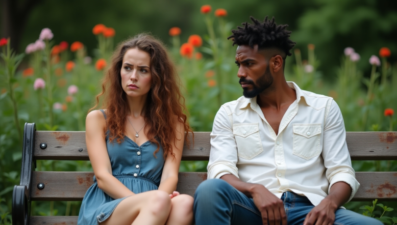 A couple sitting apart on a park bench, looking unhappy, symbolizing relationship red flags that can lead to heartbreak.