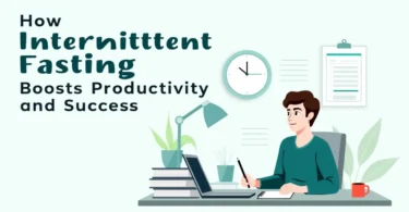 A person working at a desk with a cup of coffee, laptop, and a clock showing fasting hours, symbolizing how intermittent fasting enhances productivity and focus.