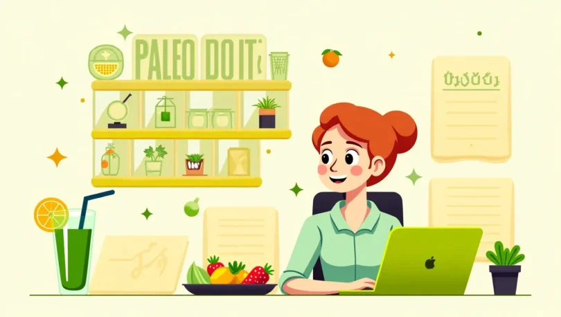 A nutritious Paleo Diet with salmon, avocado, leafy greens, and nuts, promoting brain health and sustained energy for enhanced productivity.