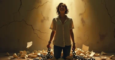 A person breaking a chain symbolizing freedom from bad habits, with motivational words like "discipline" and "positive change" in the background