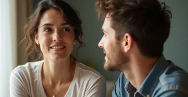 A couple practicing active listening, facing each other and engaged in a deep, empathetic conversation.