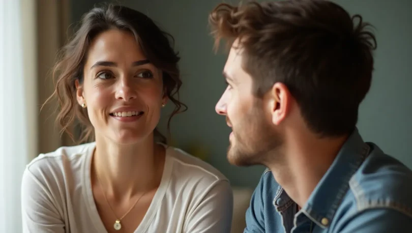 A couple practicing active listening, facing each other and engaged in a deep, empathetic conversation.