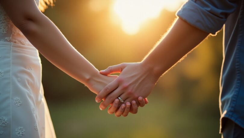 A happy couple holding hands, symbolizing trust and communication in a stable marriage.