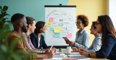 A professional team collaborating in a meeting, showcasing emotional intelligence at work through active listening, empathy, and effective communication.