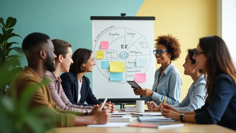 A professional team collaborating in a meeting, showcasing emotional intelligence at work through active listening, empathy, and effective communication.