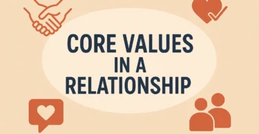 Core Values in a Relationship" displayed in bold navy-blue letters within an off-white speech bubble, surrounded by red relationship-themed icons.