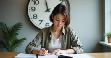 Person checking a to-do list with a clock, illustrating how to create a sense of urgency and stay focused on achieving goals.