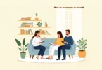 Couple sitting with a therapist during a marriage counseling session, engaging in open conversation and communication.