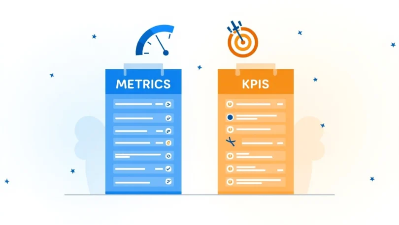 Visual comparison of metrics and KPIs, highlighting their differences in tracking performance and achieving goals.
