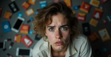 Person sitting with a stressed expression surrounded by icons of phone, junk food, and social media—illustrating dopamine detox side effects