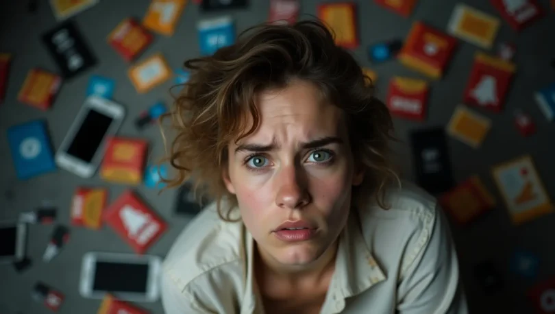 Person sitting with a stressed expression surrounded by icons of phone, junk food, and social media—illustrating dopamine detox side effects