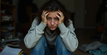Person overwhelmed by emotions, holding head with hands, illustrating emotional flooding and mental overwhelm.