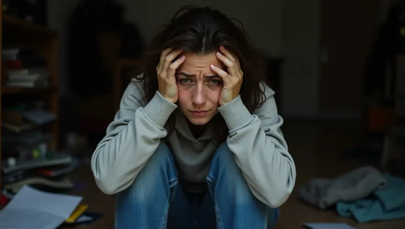 Person overwhelmed by emotions, holding head with hands, illustrating emotional flooding and mental overwhelm.