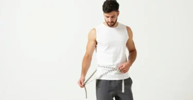 A man measuring waist with tape to lose weight in 30 days