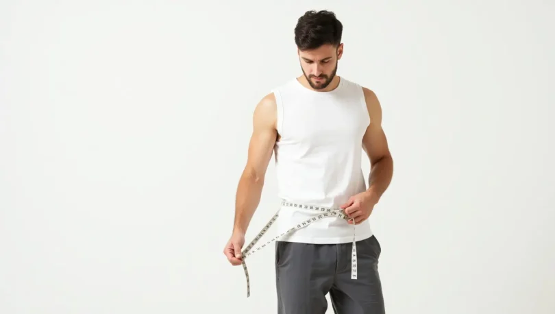 A man measuring waist with tape to lose weight in 30 days