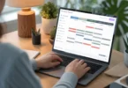 Person working remotely with a laptop showing a flexible schedule planner and time management tools in a calm home workspace