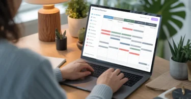 Person working remotely with a laptop showing a flexible schedule planner and time management tools in a calm home workspace