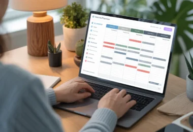 Person working remotely with a laptop showing a flexible schedule planner and time management tools in a calm home workspace