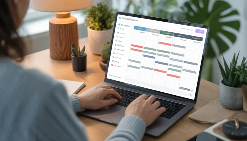 Person working remotely with a laptop showing a flexible schedule planner and time management tools in a calm home workspace