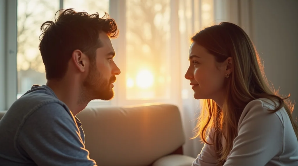 Happy couple reconnecting and smiling while talking calmly at home, representing healing, improved communication, and successful couples therapy.