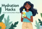 Person drinking water from a reusable bottle with fruit-infused water on a desk, representing simple hydration habits