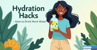 Person drinking water from a reusable bottle with fruit-infused water on a desk, representing simple hydration habits