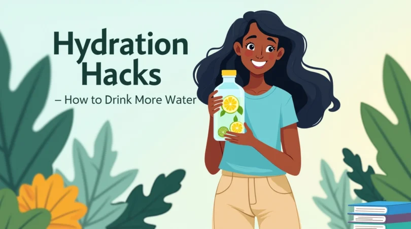 Person drinking water from a reusable bottle with fruit-infused water on a desk, representing simple hydration habits