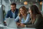 Professional workplace scene showing happy employees collaborating in a positive office environment representing job satisfaction and teamwork.