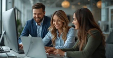 Professional workplace scene showing happy employees collaborating in a positive office environment representing job satisfaction and teamwork.