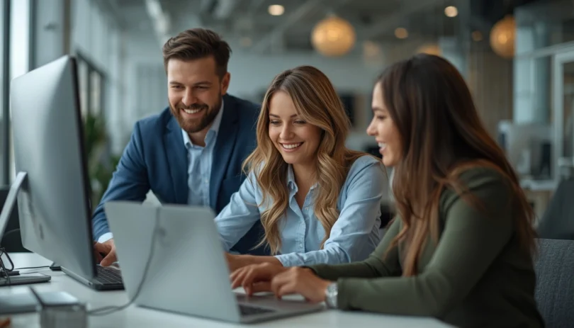 Professional workplace scene showing happy employees collaborating in a positive office environment representing job satisfaction and teamwork.