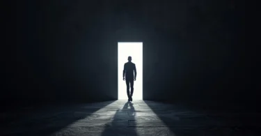 Person stepping forward from a dark shadow into a bright open path symbolizing overcoming Atychiphobia and building confidence