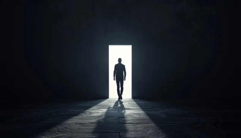 Person stepping forward from a dark shadow into a bright open path symbolizing overcoming Atychiphobia and building confidence